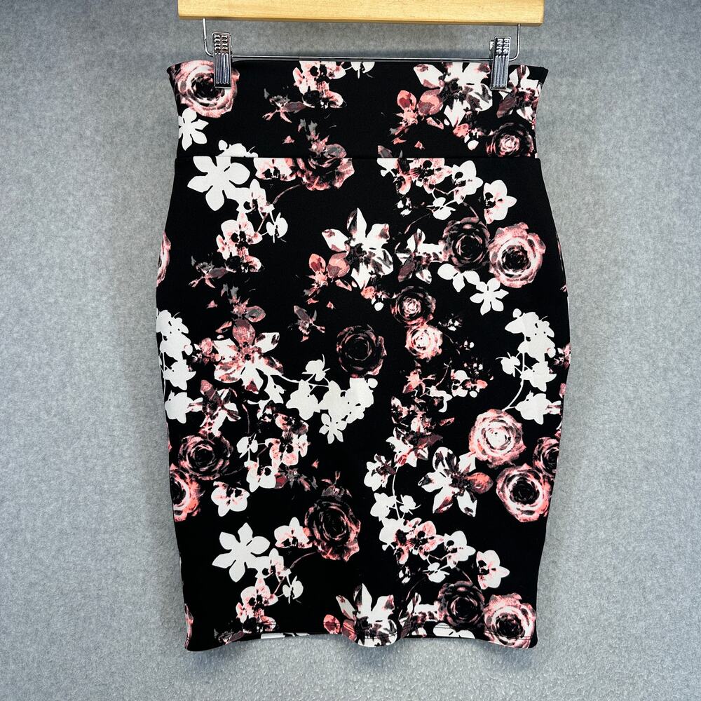 Ultra Flirt Skirt Womens Size Medium Black Multi Floral Polyester Blend Pencil